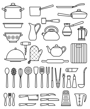 Set of silhouette kitchen utensils and collection of cookware icons clipart