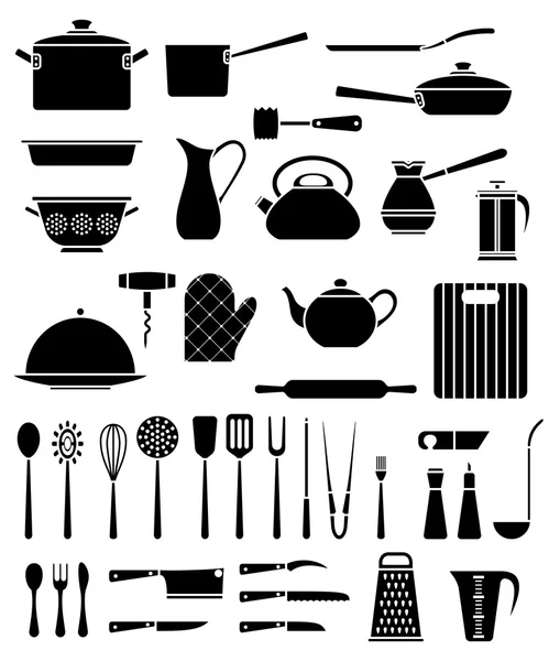 Conjunto de utensilios de cocina y colección de iconos de utensilios de cocina — Vector de stock