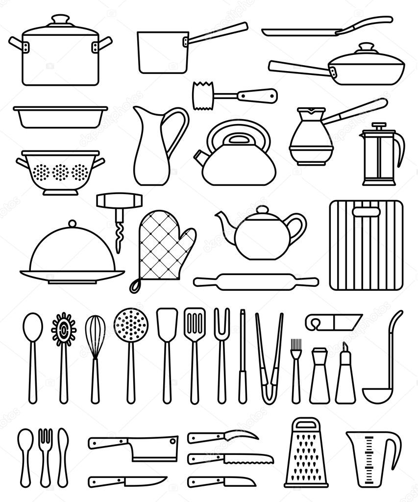 Set of silhouette kitchen utensils and collection of cookware icons