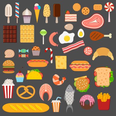 Tatlılar, fast food, et ve balık simgeleri