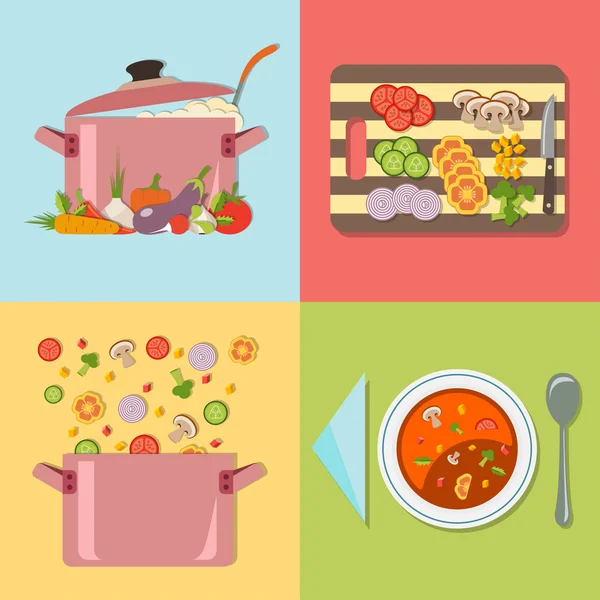 Μαγείρεμα. Τέσσερα στάδια της προετοιμασίας σούπα λαχανικών — Διανυσματικό Αρχείο