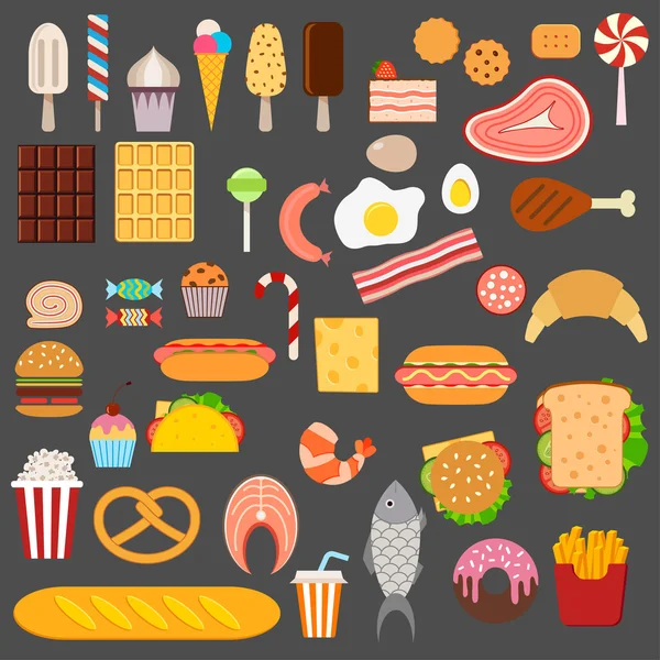 Iconos de dulces, comida rápida, carne y pescado — Vector de stock