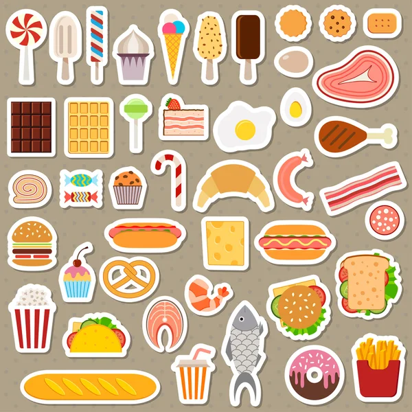 Iconos de dulces, comida rápida, carne y pescado — Vector de stock