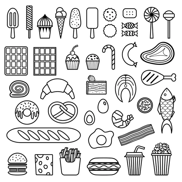 Icono de dulces, comida rápida, carne y pescado — Vector de stock