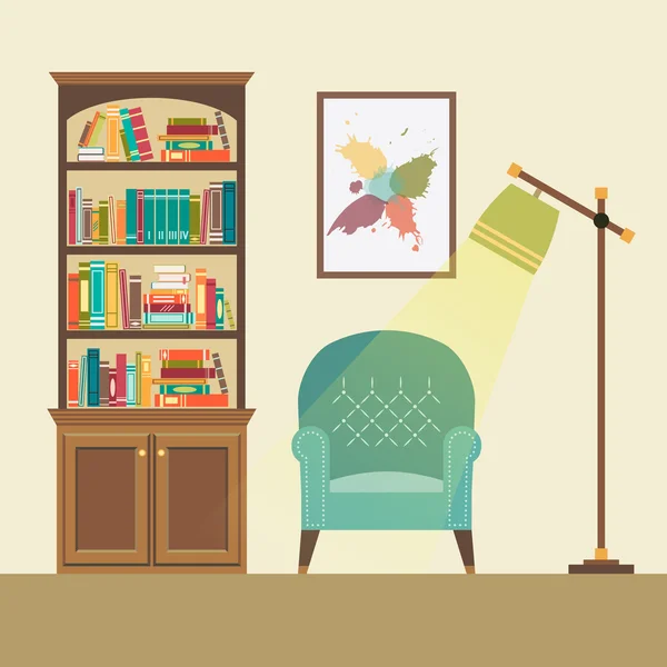 Coin lecture avec fauteuil et lampadaire — Image vectorielle