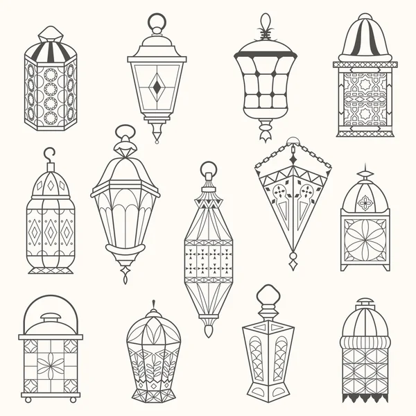 Ensemble de vieilles lampes. Lanterne vecteur silhouettes sombres — Image vectorielle