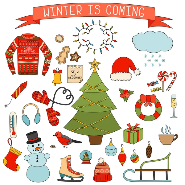 Conjunto de ícones de inverno e Natal. Elementos desenhados à mão —  Vetores de Stock