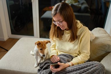 Köpek yanında otururken, bir kadın akıllı telefon kullanıyor. Ev yaşam tarzı kavramı