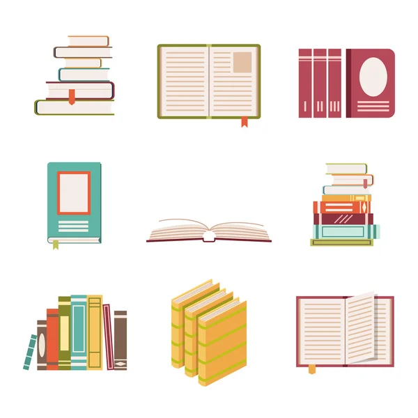 Conjunto de nueve iconos de libro en estilo de diseño plano — Vector de stock