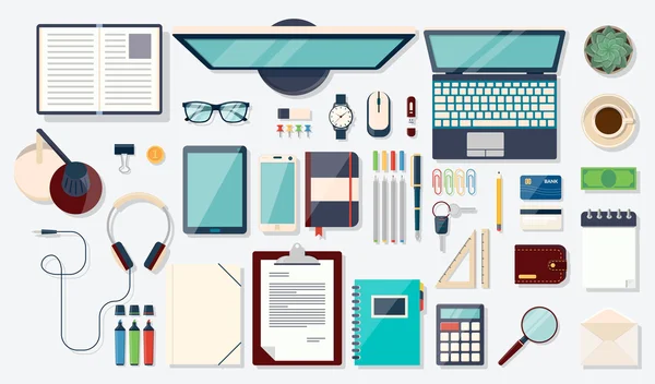 Üstten Görünüm öğeleri. Resepsiyon arka plan ile dizüstü bilgisayar, dijital cihazlar, office nesneleri, kitaplar ve makaleler