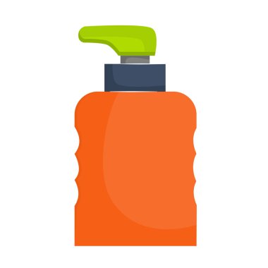 Dispanser şişesi beyaz arka planda izole edilmiş. Sıvı veya antiseptik için dağıtıcı. Elleri düz olmayan parlak bir şişe. Çizgi film tarzında vektör illüstrasyonu.