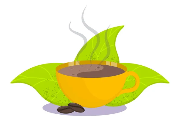 Ароматная Чашка Кофе Паром Листья Изолированы Белом Фоне Горячий Напиток — стоковый вектор