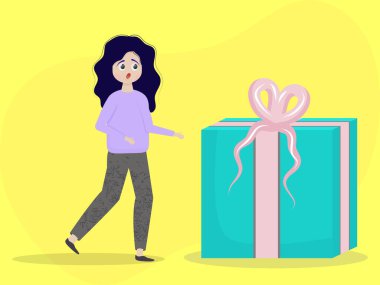 Büyük bir yeteneği olan sürpriz bir kız. Tatil için büyük bir kutu. Fiyonklu hediye. Vektör illüstrasyonu..