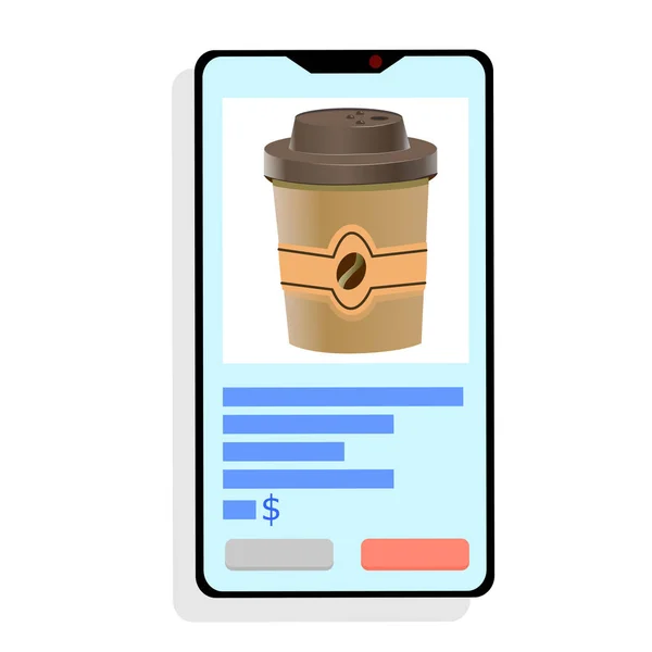 Acheter du café ou du thé en ligne, smartphone sur fond blanc. Téléphone avec une tasse, boutiques en ligne. Achats à distance. Illustration vectorielle en style plat.. — Image vectorielle