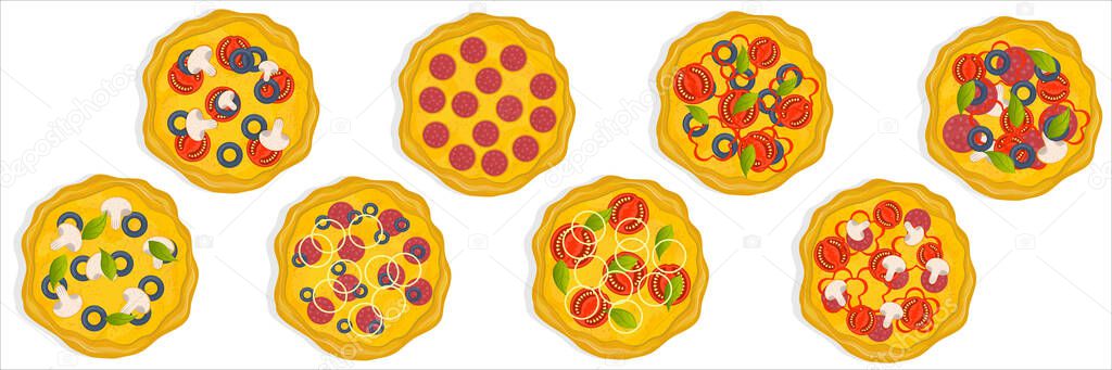 A set of flat pizza icons isolated on a white pizza top view set. A variety of pizza flavors, vegetarian and meat. Vector illustration for menus and delivery apps.