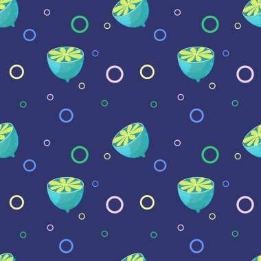 Limonlu ve limonlu pürüzsüz desenli koyu bir arka planda yüzüklü. Kesikte alışılmadık bir limon var. Vektör çizimi. Masa örtüsü ya da peçetenin deseni.