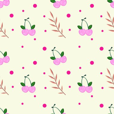 Kirazlı kusursuz desen, yapraklı dal ve daireler. Pembe kiraz ya da kiraz çilekleri sonsuz bir düzen içinde. Vektör illüstrasyonu.
