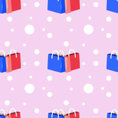 Paketler ve noktalarla kusursuz desen. Beyaz daireli pembe arka plan. Alışveriş kolikleri için alışveriş torbaları. Vektör illüstrasyonu.
