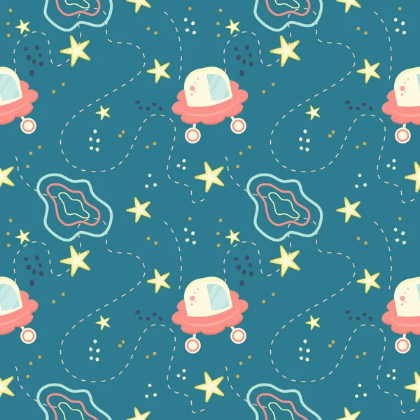 Children's seamless pattern with planets, aircraft and stars. Space pattern for children. Planets with rings and patterns, dotted lines as the planets move. Vector illustration.