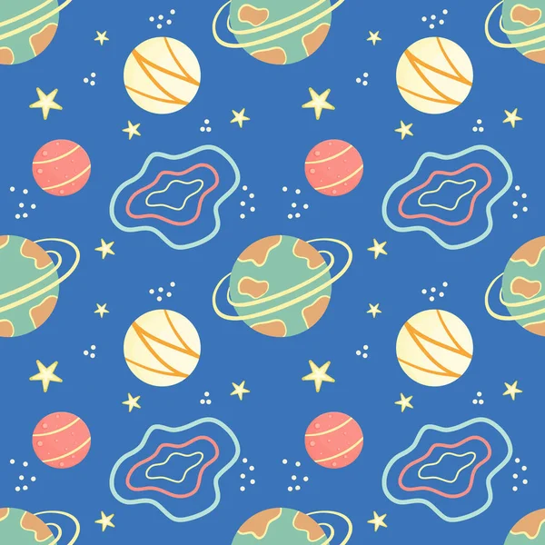 Childrens seamless pattern with planets and stars. Space pattern for children. Planets with rings and patterns, dotted lines as the planets move. Vector illustration..