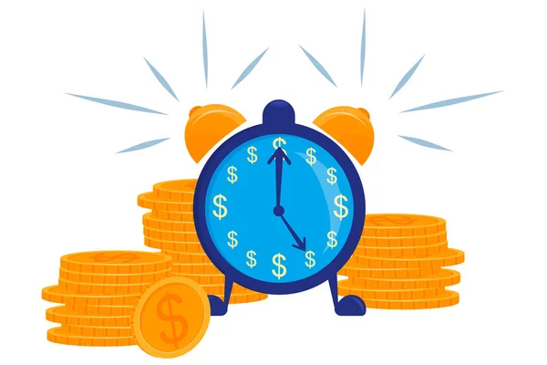 El concepto de tiempo es dinero. Un reloj con esfera de dinero y un puñado de monedas aisladas sobre un fondo blanco. El tiempo cuesta dinero, un despertador sonando con un botón, en las piernas. Ilustración vectorial.. — Archivo Imágenes Vectoriales