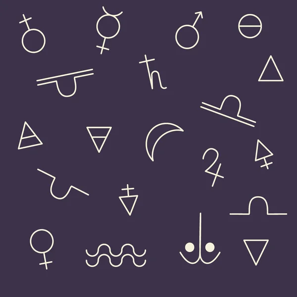 A drawn vector set of alchemical symbols is isolated on a dark background. For mystical illustration, palmistry and astrology. Vector illustration.. — Stock Vector