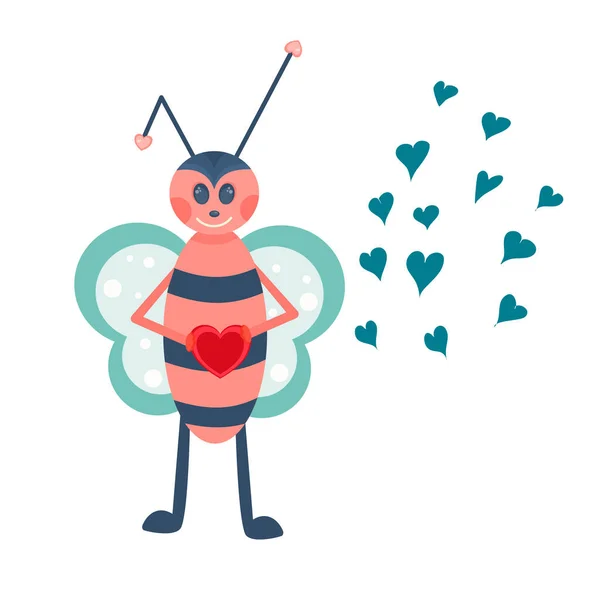 Lindo insecto estilizado avispa o abeja para el Día de San Valentín aislado sobre fondo blanco. Animal de estilo escandinavo, para decorar tarjetas navideñas. Ilustración vectorial.. — Vector de stock