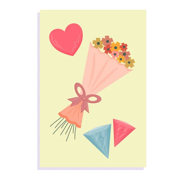 Carte Saint Valentin Isolée Sur Fond Blanc Bouquet Fleurs Cœur — Image vectorielle