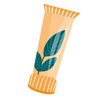 Beyaz arka planda izole edilmiş karikatür tarzında diş macunu tüpü. Diş macunu, diş temizliği, ağız boşluğu, sabah hijyeni. Metroda nane yapraklı bir dal var..