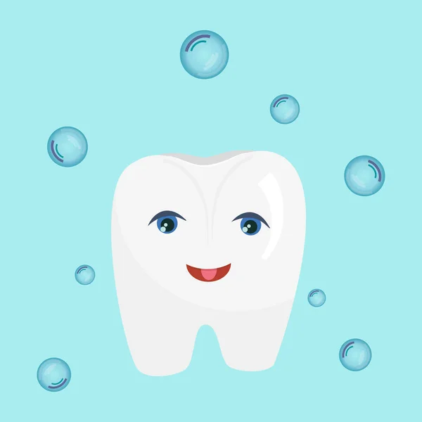 The character is a white tooth with eyes and a cartoon smile isolated on a blue background. Vector illustration for dentists, clean and healthy tooth shining, around soap bubbles.. — Stock Vector