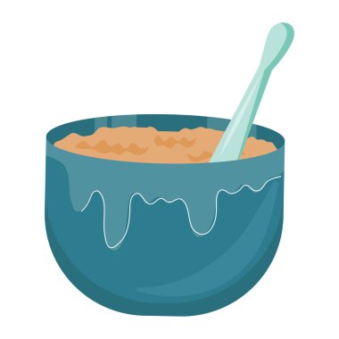 Çizgi film tarzında bir tabakta kaşıkla yulaf lapası. Beyaz arka planda izole edilmiş. Yiyeceklerin vektör çizimi. Sağlıklı ve lezzetli Kahvaltı..
