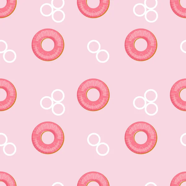 Бесшовный рисунок с пончиками и белыми кругами на розовом фоне. Сладкий узор с вкусной выпечкой. Векторная иллюстрация. Векторная иллюстрация. — стоковый вектор