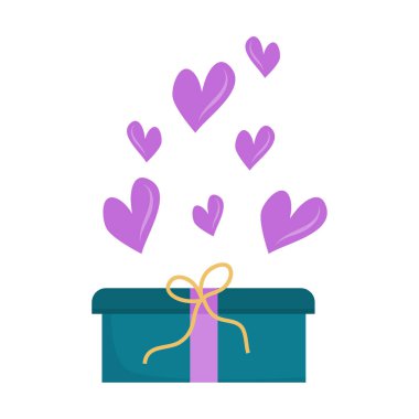 Sevgililer Günü için kalpleri olan hediye kutusu beyaz arka planda karikatür tarzında izole edilmiş. Tebrik kartları ve sevgililer günü kartları için vektör illüstrasyonu..