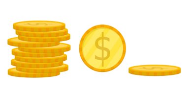 Para, beyaz arka planda izole edilmiş karikatür tarzı paralar. Farklı açılardan dolarların vektör illüstrasyonu. Satın almak ve depozitoyu artırmak için madeni paralar.