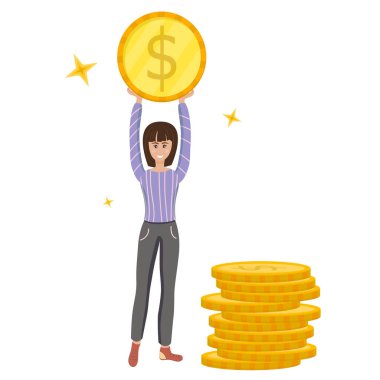 Bir kız, beyaz arka planda izole edilmiş çizgi film tarzında bir yığın doların yanında bozuk para tutuyor. Vektör illüstrasyon, zenginlik ve tasarruf kavramı.