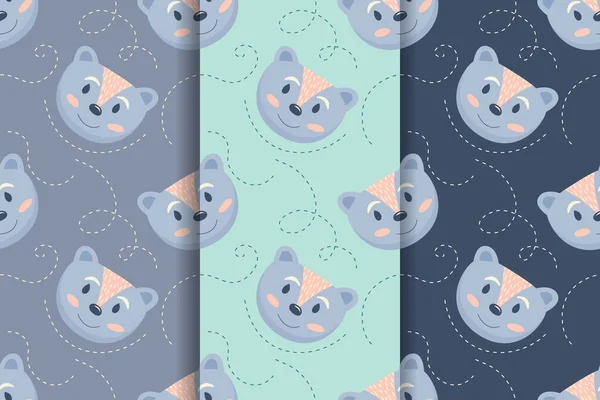 Set of seamless pattern with cartoon bears in Scandinavian hug style, on multi colored backgrounds. Colorful vector illustrations for kids. hand drawing. childrens design for fabric, print, textiles.