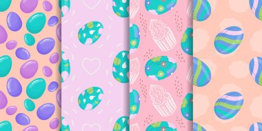 Renkli parlak yumurtalarla karikatür tarzında kusursuz paskalya desenleri. Tatili ve baharın gelişini süslemek için güzel renkler. Pembe arka planda parlak yumurtalarla desenler..