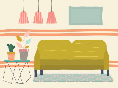 Oturma odasının İskandinav modern iç mekanı. Eski mobilyalar, kanepe, avize ve bitkilerle dolu bir masa. Düz bir biçimin serbest çizgili vektör çizimi. Oturma odasının geçmişe dönük çizimi.