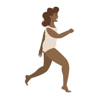 Siyah, mutlu, mayo giymiş, kilolu, düz çizgi film tarzında koşan, beyaz bir arka planda izole edilmiş bir kadın. Spor bir neşe, vücudunu sev, pozitif bir vücut. Vektör illüstrasyonu.