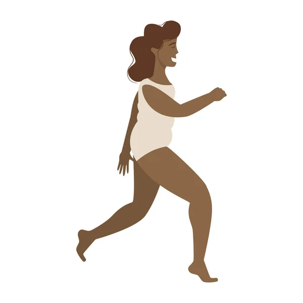 Black Happy Woman Swimsuit Overweight Runs Flat Cartoon Style Isolated — Stock Vector