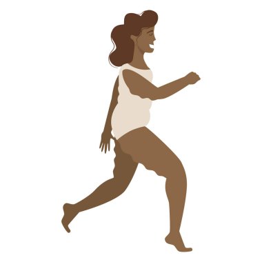 Selülit mayo giymiş siyah mutlu bir kadın, aşırı kilolu, beyaz arka planda izole edilmiş, düz çizgi film tarzında koşuyor. Spor bir neşe, vücudunu sev, pozitif bir vücut. Vektör illüstrasyonu.