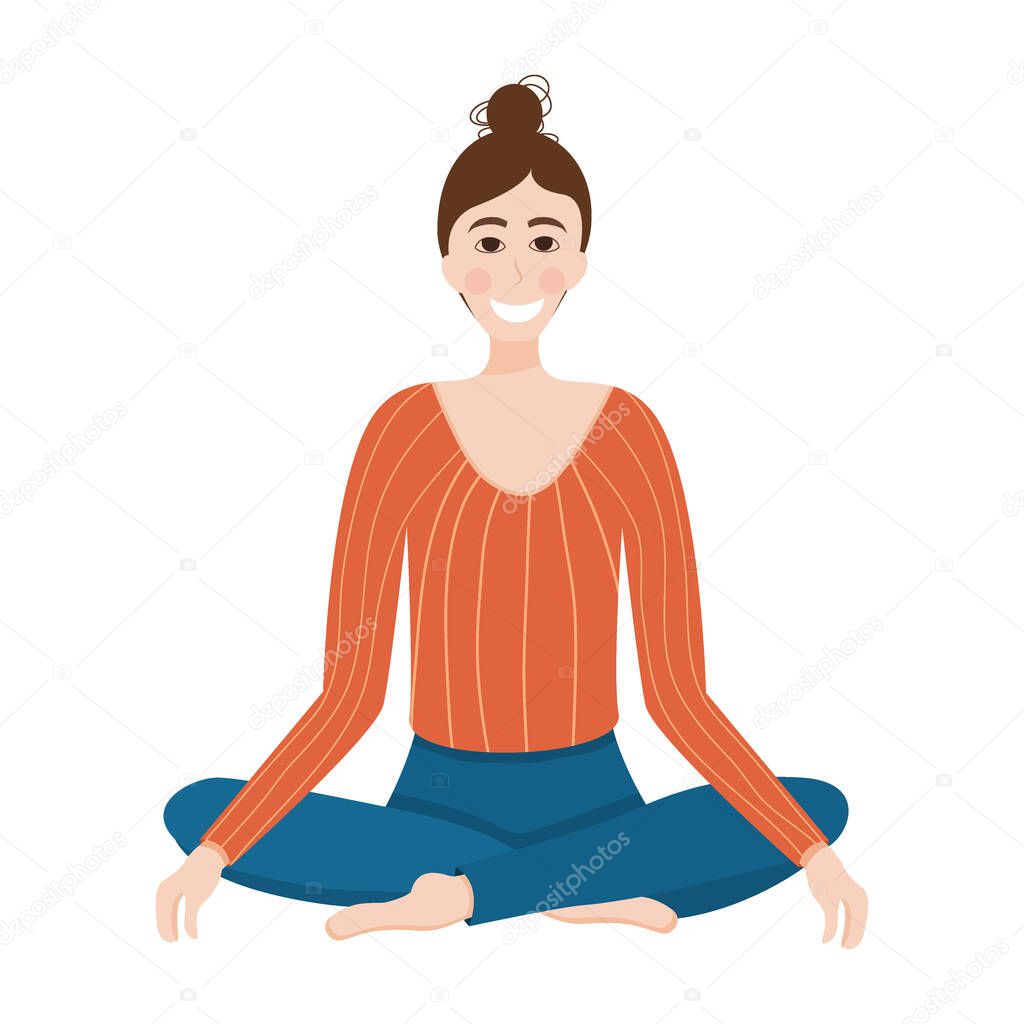The girl in the lotus position. The concept of calming and meditation, getting rid of stress. A woman sits on her feet, calming down after a working day. Vector illustration
