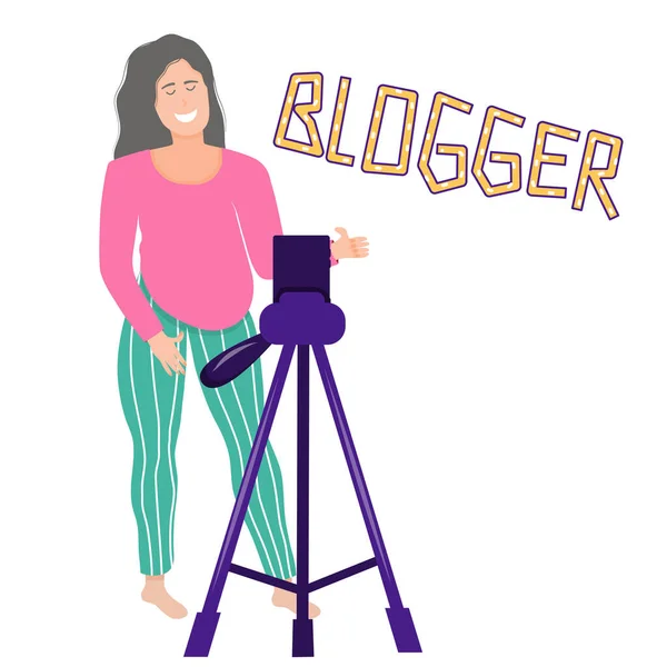 Щаслива вагітна блогерка посміхається в камеру. Тримає блог про вагітність. Жінка білошкіра, з великим животом, показує щось на кшталт. Векторні ілюстрації — стоковий вектор