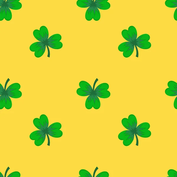 Seamless trefoil pattern for the St. Patricks Day holiday. Vector illustration. Green clover on a yellow background — Stock Vector