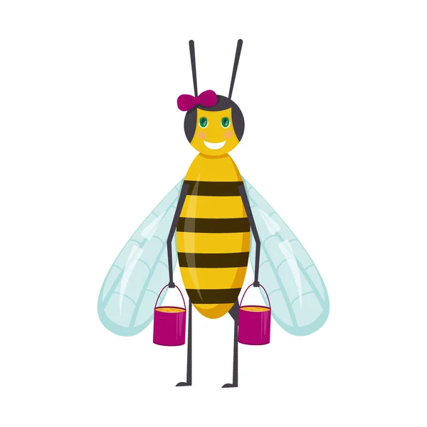 可爱的蜜蜂 有几桶卡通式蜂蜜 背景为白色 带着弓箭的蜜蜂女郎笑了 矢量说明 — 图库矢量图片