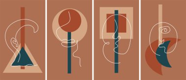 Kapak şablonlarında, boho tarzında geometrik eklenmiş kadın yüz hatları var. Modern evrensel arka planların vektör illüstrasyonu.