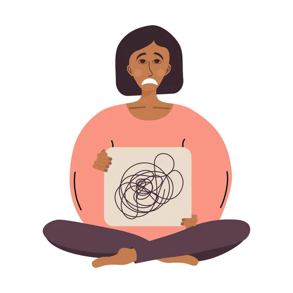 Tired woman sits in lotus position with a sign in her hands, confused thoughts. A tired woman is in a state of emotional burnout or mental disorder. Vector illustration isolated on a white background. — Stock Vector