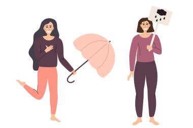 Depresyona yardım etme kavramı. Şemsiyeli kız gülümsüyor ve üzgün arkadaşını destekliyor. Arkadaşlarla tanışmak ve sevdiklerini desteklemek. Düz doğrusal biçimdeki vektör illüstrasyonu.