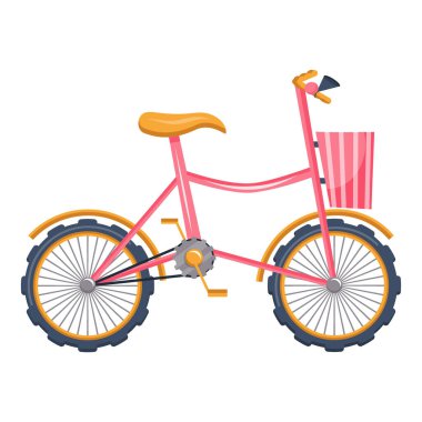 Pembe bir çizgi film bisikleti beyaz arka planda izole edilir. Vektör illüstrasyonu, çocuklar için bisiklet ve sepeti olan gençler için.