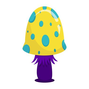 Çizgi film tarzında sihirli bir fantezi mantarı beyaz arka planda izole edilir. Mantar morumsu sarı renktedir ve büyük bir renktir. Vektör illüstrasyonu